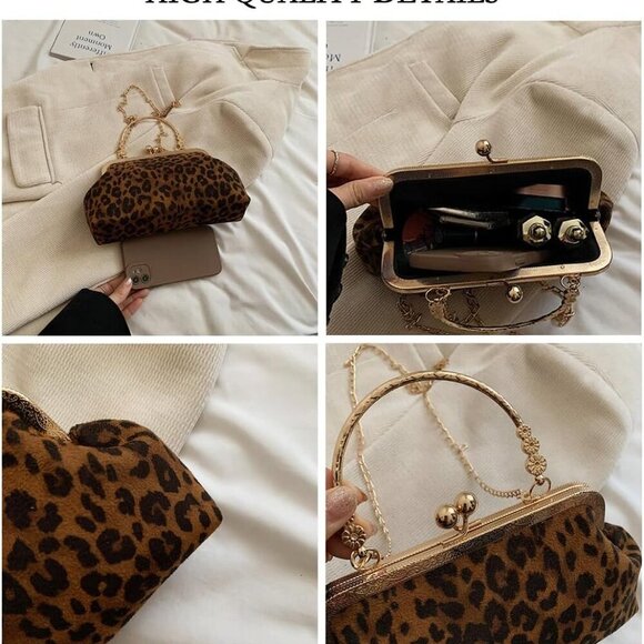 Small Leopard Suede Evening Clutch Purse with Chain Cheetah Print Kiss Lock Even - Picture 5 of 6